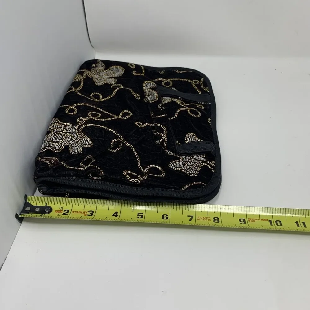 Siris Black Gold Floral Velvet Travel Cosmetic Toiletry Organizer Bag USA